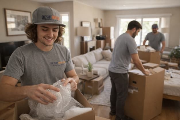 Professional movers unpacking and organizing furniture